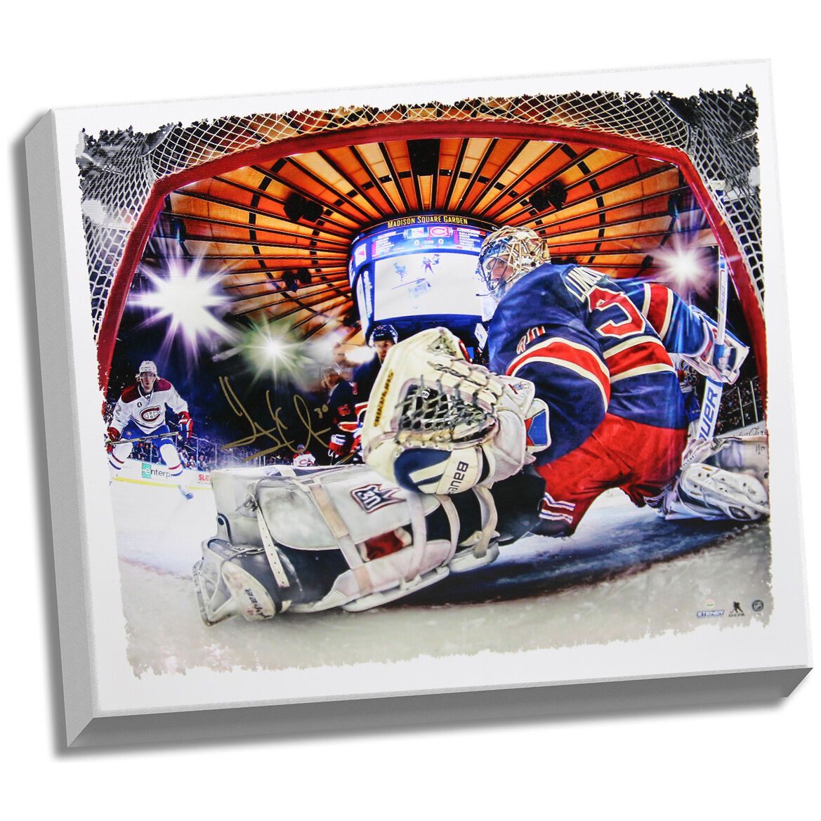 HENRIK LUNDQVIST Hand Signed NY Rangers In Net 22 x 26 Canvas STEINER
