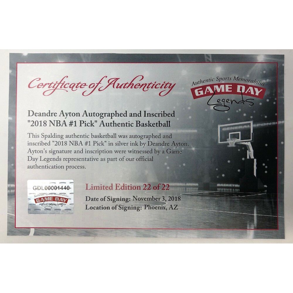 DEANDRE AYTON Autographed Phoenix Suns 2018 NBA #1 Pick Authentic Basketball STEINER LE 22/22