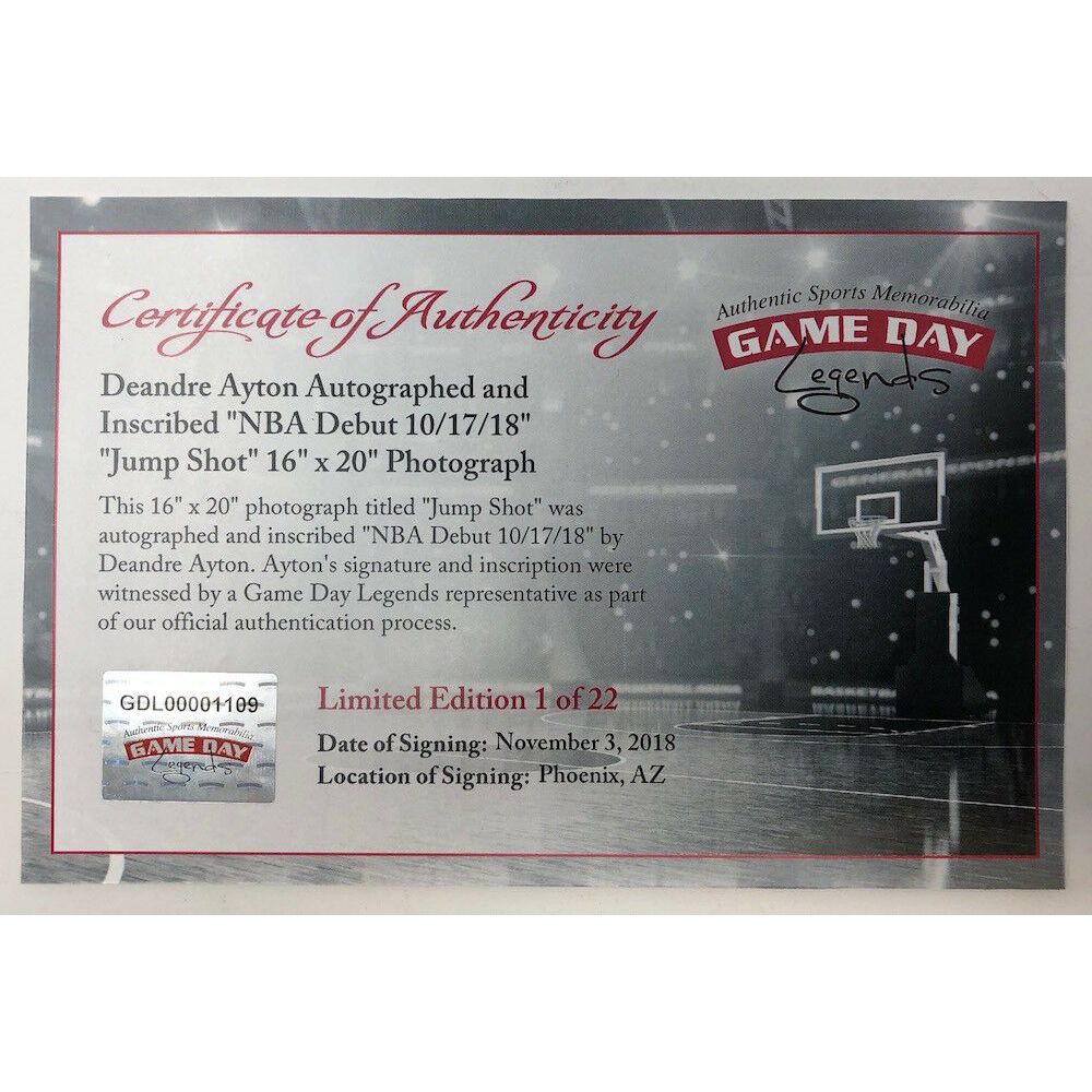 DEANDRE AYTON Autographed Phoenix Suns "NBA Debut 10/17/18" 16" x 20" Photograph GDL LE 1/22