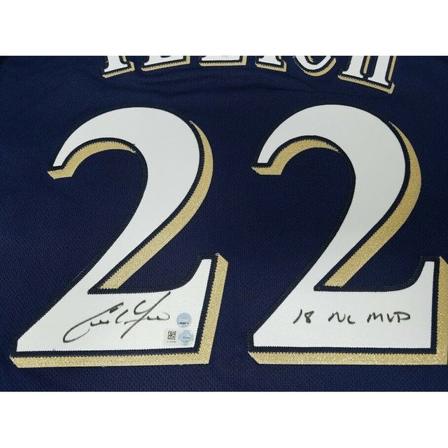 CHRISTIAN YELICH Autographed / Inscribed "18 NL MVP" Milwaukee Brewers Authentic Majestic Blue Jersey STEINER