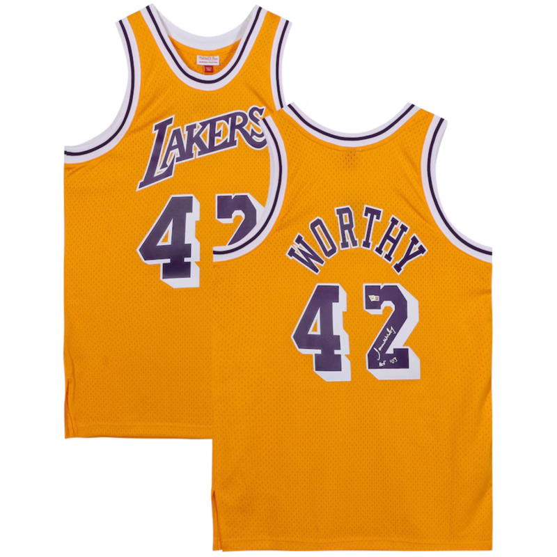 James Worthy Autograped "HOF '03" Los Angeles Lakers M&N Swingman Jersey Fanatics