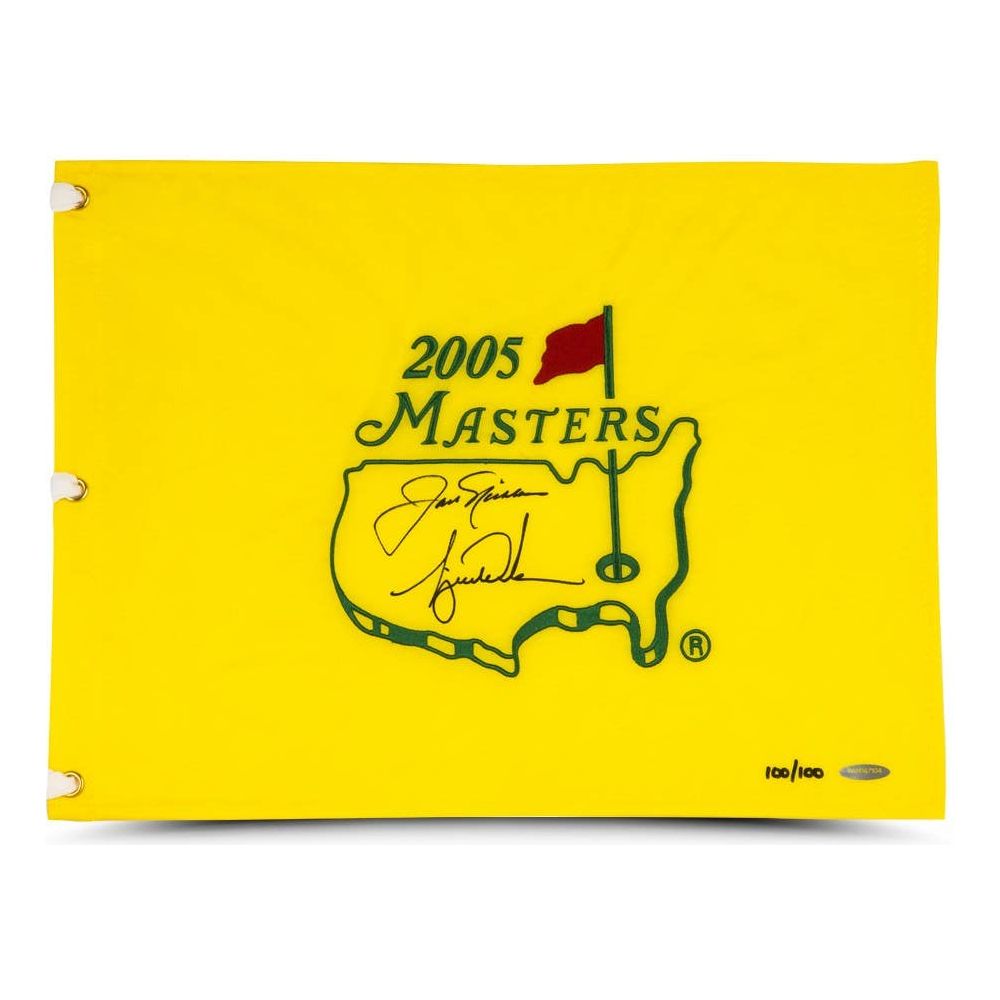 TIGER WOODS & JACK NICKLAUS Dual Signed 2005 Masters Pin Flag UDA