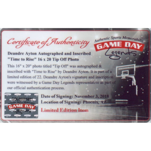 DEANDRE AYTON Autographed and Inscribed Phoenix Suns “Time To Rise” Tip Off 16" x 20" Photograph - Limited Edition of 22 - GAME DAY LEGENDS & STEINER