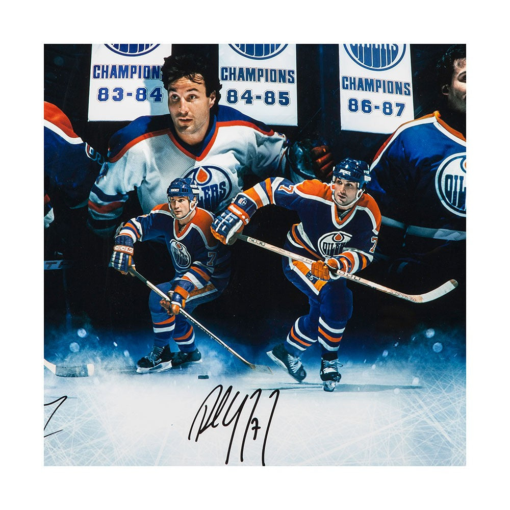 WAYNE GRETZKY, PAUL COFFEY and GRANT FUHR Autographed Edmonton Oilers 36 x 18 “Outstanding Oilers”Inscribed Photo UDA LE 50