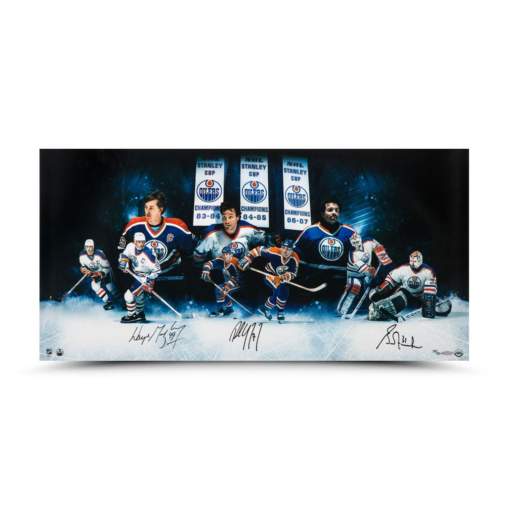 WAYNE GRETZKY, PAUL COFFEY and GRANT FUHR Autographed Edmonton Oilers 36 x 18 “Outstanding Oilers”Inscribed Photo UDA LE 50