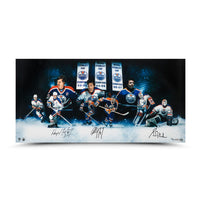 WAYNE GRETZKY, PAUL COFFEY and GRANT FUHR Autographed Edmonton Oilers 36 x 18 “Outstanding Oilers”Inscribed Photo UDA LE 50